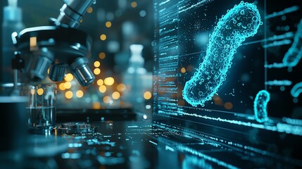 Fototapeta premium A futuristic microscope image showcasing digital bacteria visualization and high-tech analysis in a research lab environment.