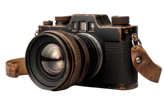 Close-up of a vintage-style black camera featuring a worn leather strap and a large lens. 