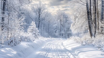 Obraz premium A picturesque snowscape featuring a snowy forest with a quiet, winding trail, framed by tall, frosted trees and a soft, cloudy winter sky.