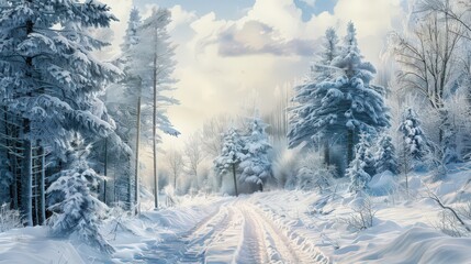 A picturesque snowscape featuring a snowy forest with a quiet, winding trail, framed by tall, frosted trees and a soft, cloudy winter sky.