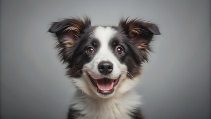 Fototapeta premium Fluffy border collie puppy with a big grin staring at the camera , border collie, dog, puppy, fluffy, isolated, white background