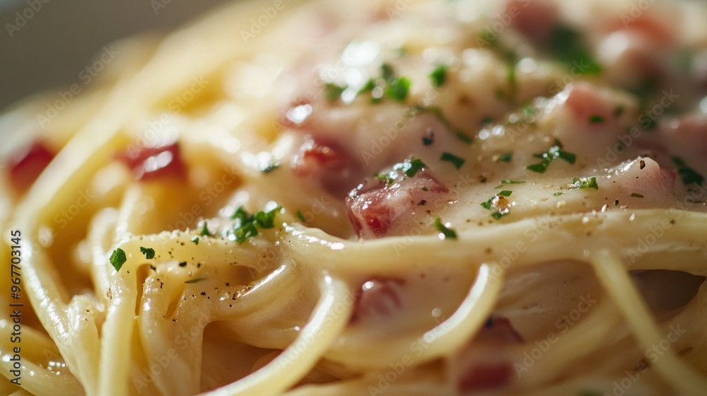 Wall mural A close-up view of creamy pasta with ham and herbs, showcasing a delicious meal.