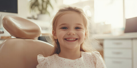 Fototapeta premium A smiling child girl sits in a medical office on a couch for an examination.
