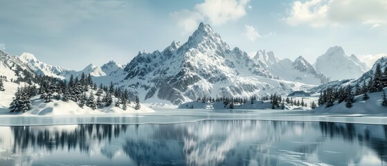 Breathtaking winter landscape featuring snow-covered mountains reflecting on a serene lake under a clear blue sky.