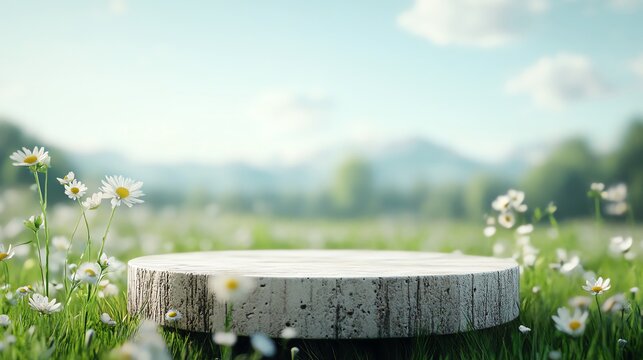 Blurred daisies in verdant field with distant mountains and blue sky. Nature backdrop with tree stump for product display, podium on springtime scene.
