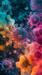 Microscopic view of colorful virus cells in space, digital illustration. Healthcare and microbiology concept