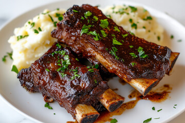 A Beautiful plate of meat cooked with vegetable sides and seasoned with herbs and spices on a white plate with natural daytime sunlight from the background shining on it