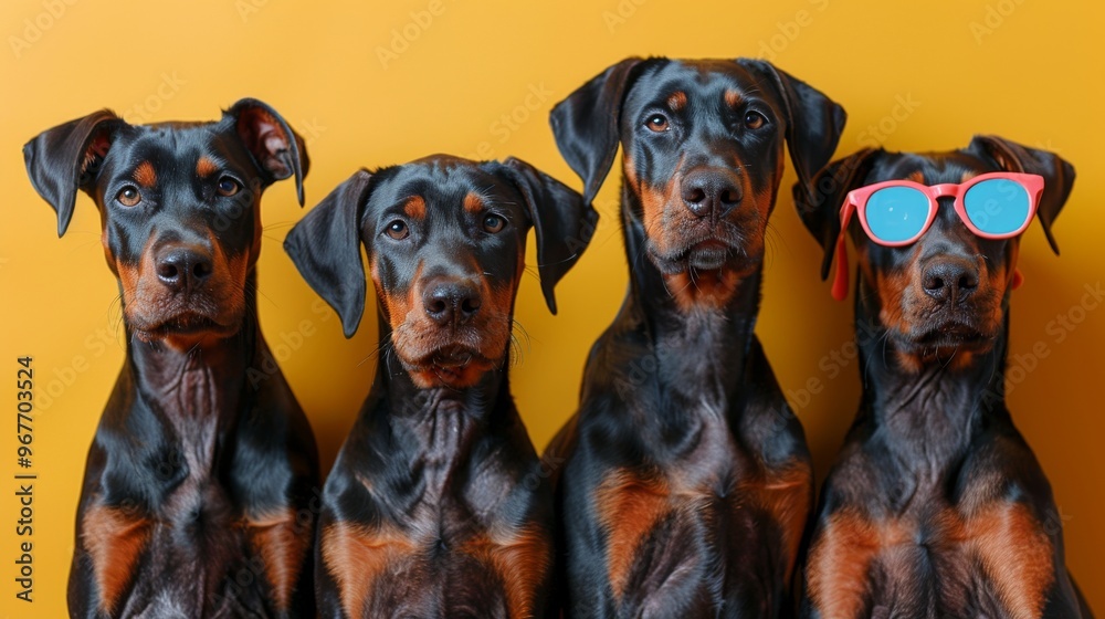 Poster Group of Doberman puppies  in sunglasses