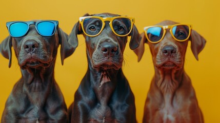 Group of Doberman puppies  in sunglasses