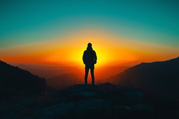 Obraz premium A lone figure stands against a breathtaking sunset, capturing the essence of solitude and nature's beauty.