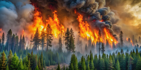 Devastating wildfire in a coniferous forest in America, wildfire, coniferous, forest, burning, flames