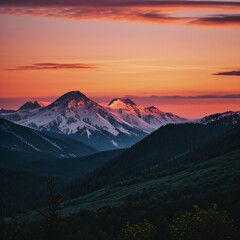 Breathtaking Sunset Over Snow-Capped Mountain Peaks and Forests..