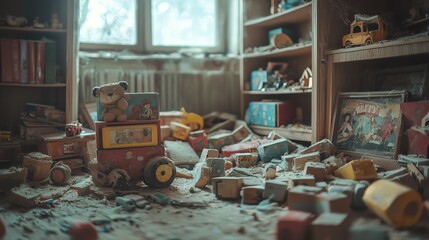 A nostalgic view of a messy playroom filled with vintage toys and scattered blocks, evoking childhood memories and abandoned playtime.