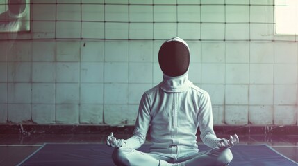 A fencer in full gear meditates in a serene, tiled room, blending sportsmanship with mindfulness.