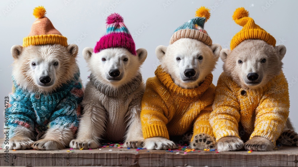 Wall mural Group of polar bears in colourful outfits