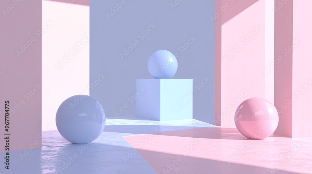 Aufkleber Dynamic 3D geometry featuring abstract cubes spheres and pyramids layered with depth and shadow effects to create a sense of futuristic complexity Large space for text in center Stock Photo with copy