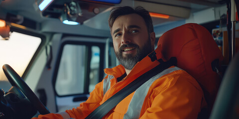 The ambulance driver sits behind the wheel and smiles. Emergency medical care