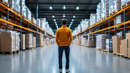Fototapeta premium A man wearing a yellow jacket stands in a large, modern warehouse, surrounded by stacks of boxes and industrial shelving.