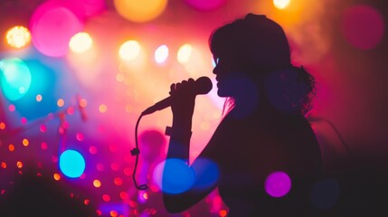 A singer silhouetted against vibrant, colorful stage lights, passionately performing with a microphone in hand and bokeh lights in the background.