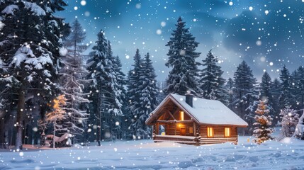 A picturesque winter wonderland featuring a charming log cabin surrounded by snow-covered pine trees, with twinkling lights