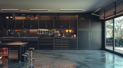 A spacious, modern garage with a clean concrete floor, sleek black cabinets, tools neatly organized on the wall, and large windows letting in natural light.