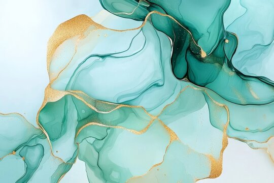 Watercolor marble background with gold wave pattern. Dusty grey emerald alcohol ink drawing effect with golden stains. Modern illustration of liquid acrylic elegant wallpaper.