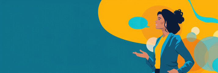 A woman stands confidently, gesturing while engaging in a lively conversation against a colorful backdrop, emphasizing expression and communication