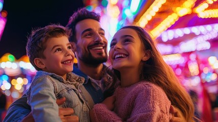 Family having fun at a carnival, with vibrant lights and games in the background