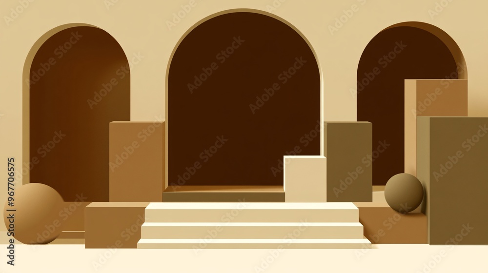 Poster 3D geometric forms such as cubes and spheres layered in dynamic arrangements Deep shadows create depth and futuristic appeal Large space for text in center Stock Photo with copy space
