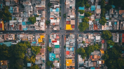 Aerial view of a vibrant urban neighborhood with colorful rooftops and intersecting streets.
