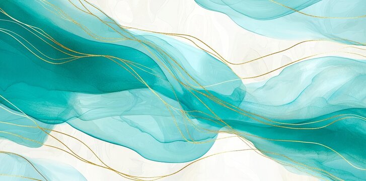 Navajo style watercolor background with gold lines and brush stains. Teal turquoise ink drawing effect with gold lines. Modern illustration background for a wedding invitation in watercolour.