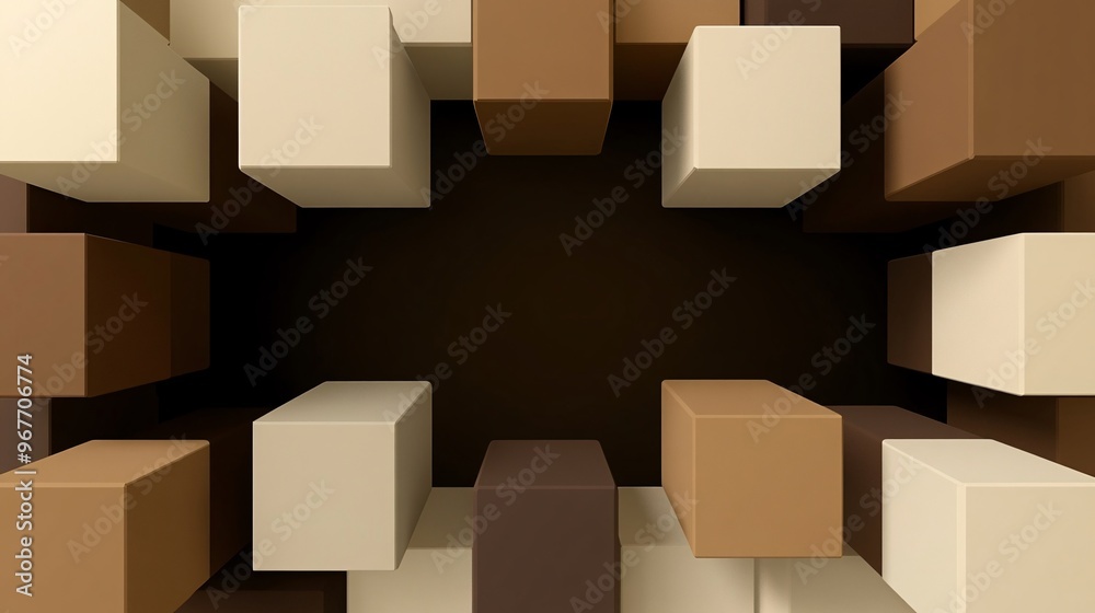 Aufkleber Dynamic abstract 3D forms in floating cubes and pyramids arranged in complex layers creating depth and movement Large space for text in center Stock Photo with copy space