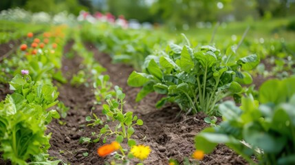 Obraz premium A productive vegetable garden with a mix of radishes, spinach, and garlic, surrounded by neat rows of freshly tilled soil and colorful wildflowers