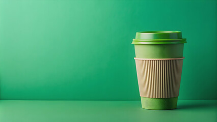 Reusable cup on green background representing sustainability and environmental conservation, Reusable, cup