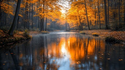 Fototapeta premium A tranquil autumn scene with golden leaves swirling through the air, warm sunlight illuminating the trees, and a calm river reflecting the seasonal colors.