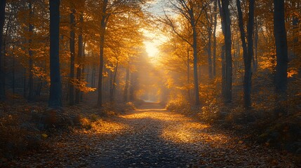 An autumnal forest with golden leaves fluttering in the breeze, sunlight creating a warm glow across the landscape, and a peaceful path winding through the trees.