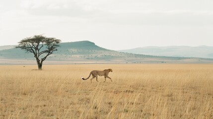 Naklejka premium A lone cheetah strides across an expansive savannah, with a solitary tree and distant hills under a vast sky, embodying the wild beauty of the African plains.