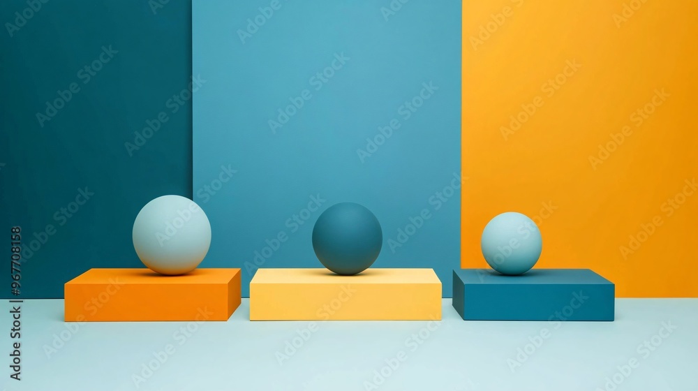Poster Dynamic 3D geometric shapes such as cubes spheres and pyramids layered in different perspectives with shadow effects adding depth and futuristic appeal Large space for text in center Stock Photo with