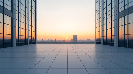 Fototapeta premium Stunning urban view from a modern rooftop at sunset, showcasing glass buildings and a vibrant skyline.