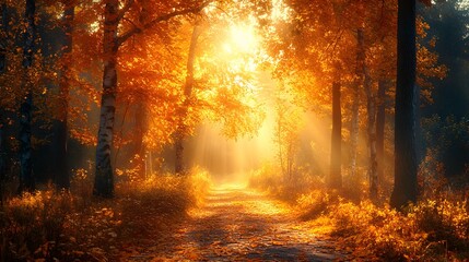 A picturesque autumn forest, with golden leaves dancing in the air, sunlight highlighting the vivid colors of the trees, and a quiet path leading into the woods.