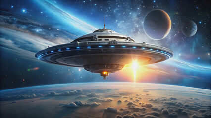 Obraz premium Futuristic alien spacecraft flying in space, alien, spaceship, UFO, extraterrestrial, technology