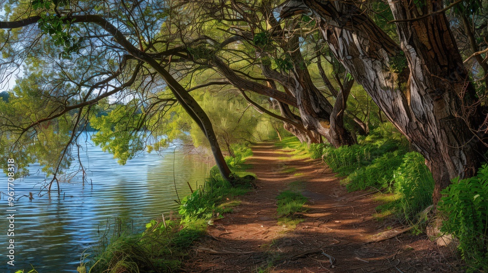 Sticker A serene nature trail along a scenic river, with overhanging trees and gentle ripples on the water