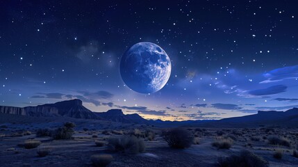 A serene nighttime desert view showcasing the majestic moon and a blanket of stars stretching across the expansive sky