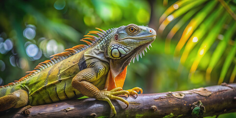 Fototapeta premium Iguana perched on a tree branch in a tropical setting, iguana, reptile, branch, tree, tropical, wildlife, nature, exotic, camouflage