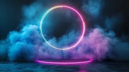 Neon circle ring with vibrant colors in a smoky foggy atmosphere. Futuristic and mesmerizing abstract digital background.