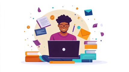 A young man sits on a pile of books, working on a laptop with a happy expression, surrounded by colorful and abstract illustrations.