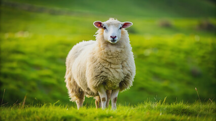 Obraz premium A fluffy white sheep standing in a green pasture , farm, wool, livestock, grazing, animals, agriculture, rural, countryside