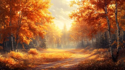 Obraz premium A serene autumn landscape with golden leaves fluttering from trees, a winding path through the forest, and a calm atmosphere filled with warm light.