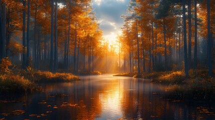 A tranquil autumnal forest, with golden leaves drifting down from tall trees, sunlight illuminating the vivid colors, and a calm river reflecting the fall hues.