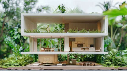 Fototapeta premium A modern architectural model of a two-story house blends seamlessly with the lush green surroundings, showcasing innovative design and harmony with nature.